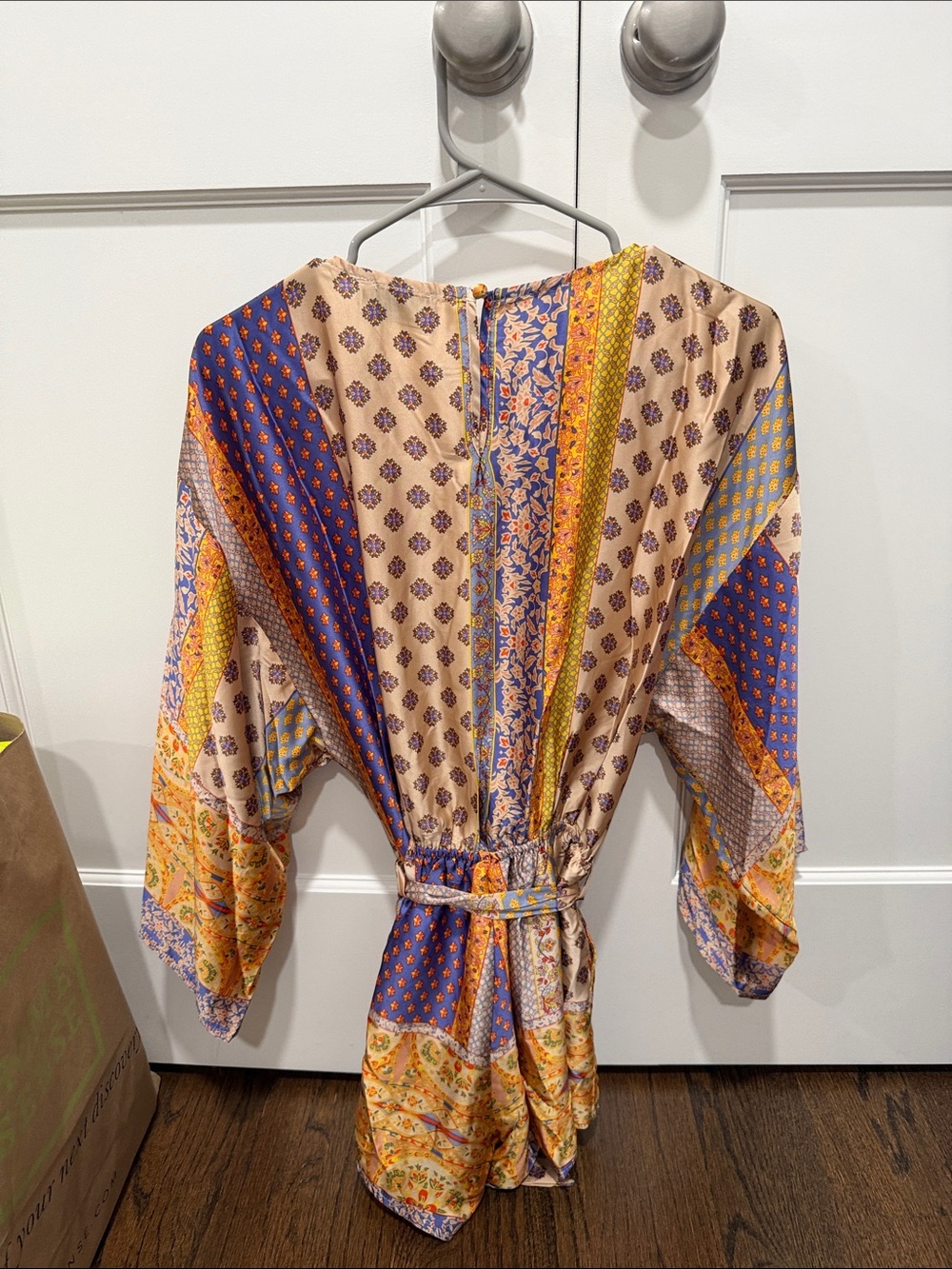 VICI Patchwork Tie-Waist Romper in Beige, Blue & Mustard - Picture 4 of 5